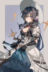 Rule 34 | 1girl, absurdres, arknights, astesia (arknights), astesia (starseeker) (arknights), black gloves, blue background, blue dress, blue eyes, blue hair, breasts, center opening, ciloranko, cleavage, closed mouth, commentary, cowboy shot, dress, elbow gloves, gloves, grey background, hair between eyes, hair ornament, hat, highres, holding, holding sword, holding weapon, long hair, looking at viewer, medium breasts, official alternate costume, simple background, smile, solo, sparkle, sun hat, sword, symbol-only commentary, two-tone background, waistcoat, weapon, white hat