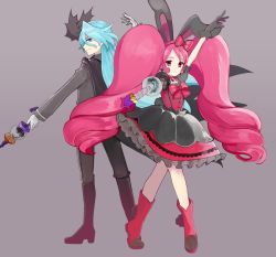 Rule 34 | + +, 1boy, 1girl, alternate universe, animal ears, arm up, back-to-back, bad id, bad pixiv id, blue eyes, blue hair, boots, cape, choker, crossed legs, cure whip, dark persona, dress, earrings, empty eyes, expressionless, extra ears, formal, from side, full body, gloves, grey background, hair between eyes, hair ornament, hair over one eye, heart, heart choker, heart earrings, highres, jewelry, julio (precure), kirakira precure a la mode, light blue hair, long hair, magical girl, pink eyes, pink hair, pointing, pointing at viewer, pom pom (clothes), precure, rabbit ears, shimotsuki (ichiruki), sidelocks, sideways glance, simple background, smile, suit, twintails, usami ichika, very long hair, wand, watson cross
