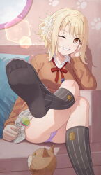 Rule 34 | 1girl, arm support, black socks, blonde hair, botan m, breasts, brown cardigan, candy, cardigan, cat, collared shirt, commentary, commentary request, commission, couch, english commentary, feet, flower, food, foot focus, foot out of frame, hair flower, hair ornament, highres, holding, holding candy, holding food, holding lollipop, jacket, lollipop, long sleeves, looking at viewer, love live!, love live! nijigasaki high school idol club, medium breasts, mixed-language commentary, miyashita ai, neck ribbon, nijigasaki school uniform, no shoes, on couch, one eye closed, paid reward available, panties, paw print, paw print background, pixiv commission, plaid, plaid skirt, pleated skirt, purple panties, red ribbon, ribbon, school uniform, shirt, short ponytail, sitting, skirt, smile, socks, soles, solo, toes, underwear, variant set, white shirt, white skirt, winter uniform, yellow eyes