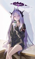 Rule 34 | 1girl, absurdres, ahoge, armband, black shirt, blue archive, blush, demon horns, drink, drinking straw, duplicate, halo, highres, hina (blue archive), holding, holding drink, horns, kuren kren, long hair, long sleeves, looking at viewer, milk carton, multiple horns, parted bangs, pixel-perfect duplicate, purple eyes, purple hair, red armband, shadow, shirt, sidelocks, sitting, sleeves past wrists, solo, sunlight, upper body, very long hair
