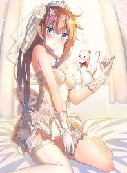 Rule 34 | 1girl, animal, animal on arm, artist request, backlighting, bare shoulders, between legs, blue eyes, blush, bow, bowtie, breasts, bridal veil, choker, cleavage, curtains, dress, ermine, fal (girls&#039; frontline), flower, girls&#039; frontline, gloves, hair flower, hair ornament, hair up, hand between legs, indoors, jewelry, long hair, looking at viewer, medium breasts, necklace, pendant, ponytail, ring, short dress, single thighhigh, sitting, sleeveless, smile, solo, thigh strap, thighhighs, tiara, veil, very long hair, wariza, weasel, wedding dress, white dress, white gloves, white thighhighs, window