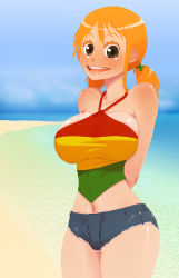 Rule 34 | 1girl, arms behind back, beach, bikini, breasts, brown eyes, denim, denim shorts, freckles, highres, large breasts, long hair, looking at viewer, nami (one piece), navel, one piece, one piece: strong world, orange hair, shorts, smile, solo, soumakyo, swimsuit, tan, twintails
