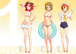 Rule 34 | 10s, 3girls, ;d, absurdres, ascii media works, bare legs, bikini, bra, bracelet, breasts, brown hair, choker, cleavage, earrings, glasses, gloves, hair ornament, hand on headwear, hand on own hip, hat, highleg, highleg bikini, highleg swimsuit, highres, hoshizora rin, innertube, jewelry, koizumi hanayo, large breasts, legs, long legs, love live!, love live! school idol project, multiple girls, navel, nishikino maki, no socks, o-ring, o-ring top, one-piece swimsuit, one eye closed, ooyari ashito, open mouth, orange hair, panties, pink bikini, pink bra, pink panties, purple eyes, red hair, sailor collar, sailor hat, sandals, scan, school swimsuit, slippers, small breasts, smile, straw hat, sun hat, swim ring, swimsuit, thighs, underwear, underwear only, white gloves, wink, yellow eyes