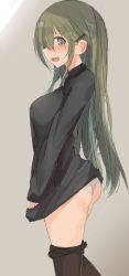 Rule 34 | 10s, 1girl, :d, absurdres, ass, blush, breasts, clothes pull, from side, green eyes, green hair, hair ornament, hairclip, highres, kantai collection, long hair, long sleeves, looking at viewer, looking to the side, matching hair/eyes, nao (qqqbb), nose blush, open mouth, panties, pantyhose, pantyhose pull, profile, sideways mouth, smile, solo, standing, suzuya (kancolle), sweatdrop, sweater, sweater pull, thighs, turtleneck, underwear, very long hair, white panties