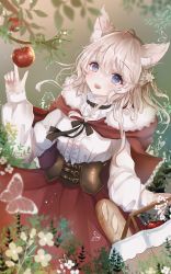 Rule 34 | 1girl, absurdres, animal ears, apple, bad id, bad pixiv id, blonde hair, blue eyes, blurry, blurry foreground, blush, bread, bug, butterfly, capelet, cat ears, commentary, corset, dutch angle, english commentary, food, fruit, highres, hood, hood down, hooded capelet, insect, little red riding hood, little red riding hood (grimm), long hair, looking at viewer, open mouth, sakura mochiko, solo