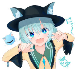 Rule 34 | 1girl, 5nikorai, :d, animal ears, aqua hair, black hat, blouse, blue eyes, bright pupils, buttons, cat ears, claw pose, diamond-shaped pupils, diamond (shape), diamond button, eyeball, fang, frilled shirt collar, frilled sleeves, frills, hands up, hat, highres, kemonomimi mode, komeiji koishi, long sleeves, looking at viewer, medium hair, open mouth, shirt, simple background, skin fang, smile, solo, symbol-shaped pupils, third eye, touhou, upper body, wavy hair, white background, wide sleeves, yellow shirt