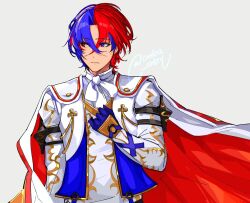 Rule 34 | 1boy, alear (fire emblem), alear (male) (fire emblem), ascot, blue eyes, blue hair, cape, crossed bangs, fire emblem, fire emblem engage, gloves, gold trim, hair between eyes, heterochromia, highres, jewelry, lamb (contra entry), long sleeves, looking to the side, male focus, multicolored hair, nintendo, red eyes, red hair, short hair, solo, two-tone hair, upper body