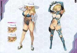 Rule 34 | 1girl, absurdres, arms up, artbook, bare legs, bare shoulders, blonde hair, blue dress, blue one-piece swimsuit, blue thighhighs, bodysuit, boots, curvy, dress, drill hair, flower, flower on head, frilled one-piece swimsuit, frills, full body, furoria frank, hat, highleg, highleg leotard, highleg swimsuit, highres, leotard, long hair, multiple views, navel, non-web source, official art, one-piece swimsuit, parted bangs, revealing clothes, scan, see-through, see-through bodysuit, see-through one-piece swimsuit, see-through swimsuit, shiny clothes, shiny skin, sitting, standing, sun hat, super robot wars, super robot wars x-omega, swimsuit, thigh boots, thighhighs, watanabe wataru (character designer), wide hips