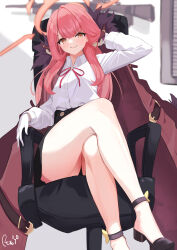 Rule 34 | 1girl, absurdres, arm behind head, aru (blue archive), blue archive, blush, breasts, coat, crossed legs, demon horns, fur-trimmed coat, fur trim, gloves, halo, highres, horns, looking at viewer, mary janes, medium breasts, neck ribbon, on chair, pencil skirt, pink hair, platform footwear, reitou mkn, ribbon, shirt, shoes, sitting, skirt, smile, solo, straight hair, white gloves, white shirt