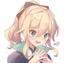 Rule 34 | 1girl, black ribbon, blonde hair, blue eyes, blush, fingers together, flying sweatdrops, genshin impact, hair between eyes, hair ribbon, highres, jean (genshin impact), portrait, ribbon, shirase (shirose), sidelocks, simple background, solo, squiggle, sweat, white background