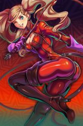 Rule 34 | 1girl, absurdres, ass, blonde hair, blue eyes, bodysuit, boots, breasts, cleavage, high heel boots, high heels, highres, lipstick, long hair, makeup, persona, persona 5, solo, tagme, takamaki anne, thigh boots, thighhighs, toasty scones, twintails