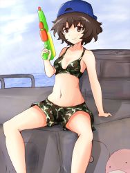 Rule 34 | 10s, 1girl, akiyama yukari, anglerfish, arm support, artistic error, backwards hat, baseball cap, bikini, bikini shorts, blue hat, breasts, brown eyes, brown hair, camouflage, camouflage bikini, closed mouth, cloud, cloudy sky, commentary, commentary request, day, emblem, fish, girls und panzer, green bikini, hat, highres, holding, looking at viewer, messy hair, military, military vehicle, motor vehicle, navel, ocean, outdoors, panzer iv, shigekikkusu, short hair, shorts, sitting, sky, small breasts, smile, solo, super soaker, swimsuit, tank, wrong hand