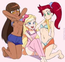 Rule 34 | 2020, 3girls, artist name, auriana, bare shoulders, barefoot, blue eyes, blue shirt, blue shorts, blunt bangs, blush stickers, bow, bra, breasts, brown hair, closed mouth, clothes lift, clothes pull, collarbone, commission, dark-skinned female, dark skin, earrings, feet, female focus, freckles, frilled bra, frilled panties, frills, green bra, green eyes, green panties, hair bow, heart, heart earrings, highres, iris (lolirock), jewelry, kneeling, knees up, lifted by self, lifting another&#039;s clothes, lips, lolirock, long hair, medium breasts, multiple girls, nipples, orange shorts, panties, pants, pants pull, pink bow, pink pants, pink shirt, red hair, shirt, shirt lift, shorts, side ponytail, sitting, sleeveless, small breasts, sooperman, star (symbol), star earrings, talia (lolirock), tank top, teeth, thighs, toes, underwear, undressing, undressing another, upper teeth only, white panties, yellow eyes, yellow shirt