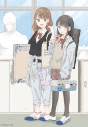 Rule 34 | 2girls, bag, black bag, black cardigan, black hair, black pantyhose, blue eyes, blue footwear, blue jacket, blue pants, bow, bowtie, brown eyes, brown hair, cardigan, carrying, carrying bag, carton, clothes around waist, clothes writing, commentary, day, drink, drinking, drinking straw, english text, full body, grey cardigan, hand in own hair, highres, holding, holding bag, holding drink, indoors, jacket, jacket around waist, long sleeves, looking at viewer, looking away, medium hair, multiple girls, newspaper, open mouth, original, paint stains, painting (object), pants, pantyhose, plaid, plaid skirt, pleated skirt, red bow, red bowtie, red skirt, school, school uniform, skirt, smile, standing, statue, sticker, teeth, toolbox, tote bag, two-tone footwear, upper teeth only, window, yuum1709