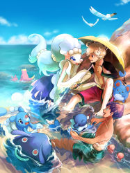 Rule 34 | 2boys, barefoot, bede (pokemon), blonde hair, brionne, cloud, commentary request, corsola, creatures (company), curly hair, dark skin, day, galarian form, galarian slowpoke, game freak, gen 2 pokemon, gen 3 pokemon, gen 4 pokemon, gen 7 pokemon, gen 8 pokemon, green male swimwear, green swim trunks, highres, holding, holding umbrella, hop (pokemon), male swimwear, mantyke, marill, multiple boys, nintendo, open mouth, outdoors, partially submerged, pokemon, pokemon (creature), pokemon swsh, popplio, primarina, purple hair, red male swimwear, red swim trunks, rock, satomune s, sky, swim trunks, swimsuit, teeth, toes, umbrella, water, wingull