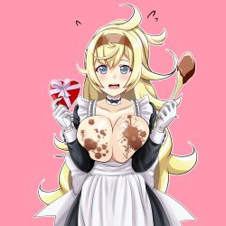 Rule 34 | 1girl, absurdres, apron, blonde hair, blue eyes, blush, box, breasts, buttons, chocolate, chocolate on body, chocolate on breasts, collarbone, flying sweatdrops, gambier bay (kancolle), gift, gift box, hair between eyes, heart-shaped box, highres, holding, holding gift, kantai collection, large breasts, long hair, long sleeves, open mouth, pink background, ponytail, simple background, solo, tk8d32, upper body, valentine, white apron