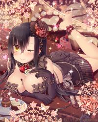 Rule 34 | 1girl, black gloves, black hair, blush, bow, breasts, chocolate, cleavage, cupcake, elbow gloves, falkyrie no monshou, food, fruit, gloves, hat, hat bow, hat ribbon, heart, large breasts, looking at viewer, lying, natsumekinoko, official art, on stomach, one eye closed, plate, red bow, red ribbon, ribbon, smile, solo, strawberry, top hat, valentine, yellow eyes