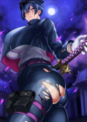 Rule 34 | 1girl, ass, ass focus, belt, black hat, blood, blood on clothes, blood on face, blue hair, breasts, cherry blossoms, closed mouth, crop top, crop top overhang, curvy, earrings, gloves, hair between eyes, hat, highres, hikari (komitiookami), holding, holding sword, holding weapon, huge breasts, jewelry, katana, moon, night, night sky, original, outdoors, petals, plump, pouch, school uniform, shaded face, sheath, sheathed, short hair, skindentation, sky, solo, sword, thigh strap, thighs, tomboy, torn, torn clothes, tree, uniform, weapon, white gloves, yellow eyes