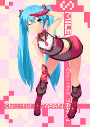 Rule 34 | 1girl, absurdres, alternate costume, aqua eyes, aqua hair, bad id, bad pixiv id, bent over, blush, boots, detached collar, gloves, hatsune miku, highres, long hair, midriff, one eye closed, onsen nakaya, skirt, smile, solo, standing, tank top, twintails, very long hair, vocaloid, wink