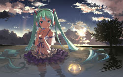 Rule 34 | 1girl, beek, dress, green eyes, green hair, hatsune miku, headset, highres, long hair, matching hair/eyes, partially submerged, sky, smile, solo, standing, twintails, very long hair, vocaloid, wading, wallpaper, water