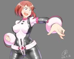 Rule 34 | 10s, 1girl, 2016, 9rimson, bad id, bad pixiv id, bodysuit, boku no hero academia, breasts, cameltoe, clenched hand, covered navel, dated, covered erect nipples, grey background, looking to the side, open mouth, outstretched arm, red eyes, red hair, short hair, signature, simple background, smile, solo, teeth, thick thighs, thighs, uraraka ochako