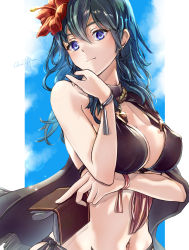 Rule 34 | 1girl, absurdres, arm under breasts, bikini, black bikini, blue eyes, blue hair, blue sky, book, breasts, byleth (female) (fire emblem), byleth (female) (summer) (fire emblem), byleth (fire emblem), cape, clear glass (mildmild1311), closed mouth, cloud, cloudy sky, collarbone, commentary request, covered erect nipples, fire emblem, fire emblem: three houses, fire emblem heroes, flower, hair between eyes, hair flower, hair ornament, hand on own chin, hand up, head tilt, highres, holding, holding book, large breasts, long hair, looking at viewer, messy hair, navel, nintendo, official alternate costume, shadow, side-tie bikini bottom, signature, sky, solo, swimsuit, upper body