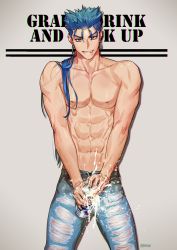 Rule 34 | 1boy, abs, artist name, bare pectorals, beer can, blue hair, can, chromatic aberration, cu chulainn (fate), cu chulainn (fate/stay night), denim, drink can, english text, fang, fate/stay night, fate (series), g0ringo, grin, jeans, long hair, looking at viewer, male focus, naughty face, opening can, pants, pectorals, phallic symbol, ponytail, ripped jeans, sexually suggestive, simple background, smile, solo, spilling, suggestive fluid, toned, toned male, topless male, torn clothes