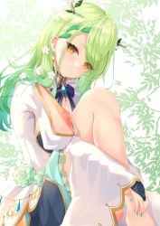 Rule 34 | 1girl, antlers, bare legs, barefoot, blush, braid, braided bangs, branch, ceres fauna, diamond (gemstone), earrings, flower, green hair, green nails, hair flower, hair ornament, highres, hololive, hololive english, horns, jewelry, leaf, leaf background, leg up, long hair, looking at viewer, nail polish, single braid, solo, thighs, virtual youtuber, yellow eyes, yuto (yuto illust 7)