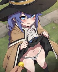 Rule 34 | 1boy, 1girl, black headwear, blue eyes, blue hair, blush, braid, brown robe, cameltoe, cleft of venus, clothes lift, coin, fenqury, hat, highres, holding, holding coin, lifted by self, long hair, looking at viewer, mushoku tensei, navel, outdoors, panties, pov, robe, roxy migurdia, skirt, skirt lift, sweat, twintails, underwear, white panties, witch hat