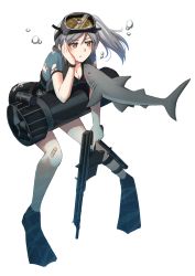 Rule 34 | 1girl, :t, aps rifle (girls&#039; frontline) (ndtwofives), aps underwater rifle, arm support, assault rifle, bandaid, bandaid on knee, bandaid on leg, blush, blush stickers, bodysuit, breasts, broken, broken goggles, brown eyes, bubble, cleavage, co2 injection knife, co2 injection weapon, commentary, diver propulsion vehicle, diving mask, diving mask on head, diving suit, eye contact, flippers, full body, girls&#039; frontline, goggles, goggles on head, grey hair, gun, hand on own cheek, hand on own face, highres, knife, leaning forward, long hair, long rifle, looking at another, ndtwofives, needlegun, original, rifle, shark, side ponytail, sidearm, simple background, solo, torn clothes, toz (tulsky oruzheiny zavod), transparent background, trigger discipline, tsniitochmash, tula arms plant, underwater, underwater firearm, underwater magazine, vehicle, wasp injection knife, watch, weapon, wetsuit, white background, wristwatch