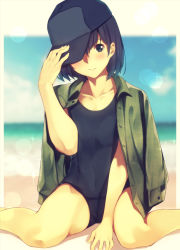 Rule 34 | 1girl, arm up, beach, between legs, black eyes, black hair, black hat, black one-piece swimsuit, blue sky, blurry, blurry background, blush, closed mouth, cloud, collarbone, commentary request, day, depth of field, flat cap, fujiwara mizuki, green jacket, hair between eyes, hand between legs, hand on headwear, hat, head tilt, horizon, jacket, jacket on shoulders, looking at viewer, ocean, one-piece swimsuit, open clothes, open jacket, original, outdoors, sand, school swimsuit, sitting, sky, solo, swimsuit, wariza, water