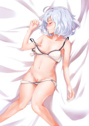 Rule 34 | 1girl, arm up, blush, bra, breasts, cleft of venus, closed eyes, faicha, highres, knees together feet apart, konno junko, lying, navel, nipples, on back, panties, panty pull, pussy, short hair, silver hair, sleeping, small breasts, solo, strap slip, thighs, underwear, underwear only, white bra, white panties, zombie land saga