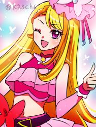 Rule 34 | 1girl, belt, blonde hair, cure butterfly, hirogaru sky! precure, kagami chihiro, long hair, midriff, one eye closed, open mouth, pink skirt, precure, purple eyes, skirt, smile, solo, thumbs up, very long hair