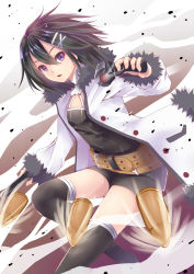 Rule 34 | 1girl, asagiri asagi, belt, bike shorts, black hair, black shirt, black shorts, black thighhighs, brown belt, bullet, coat, commentary request, creek (moon-sky), dual wielding, fur-trimmed coat, fur-trimmed sleeves, fur trim, gun, hair between eyes, hair ornament, hairclip, handgun, highres, holding, holding gun, holding weapon, long sleeves, looking at viewer, makai wars, open clothes, open coat, parted lips, pistol, purple eyes, shirt, short shorts, shorts, sleeves past wrists, solo, thighhighs, weapon, white coat, x hair ornament