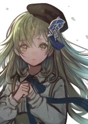 Rule 34 | 1boy, bandaged hand, bandages, beret, butterfly hair ornament, closed mouth, collared shirt, green eyes, green hair, hair ornament, hat, long hair, long sleeves, looking at viewer, male focus, own hands clasped, own hands together, pinocchio (sinoalice), puffy long sleeves, puffy sleeves, reality arc (sinoalice), ribbon, sad, shirt, sidelocks, simple background, sinoalice, solo, starry babe, suspenders, trap, white background