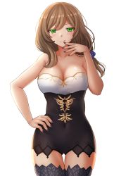 Rule 34 | 1girl, :q, bare arms, bare shoulders, black thighhighs, breasts, brown hair, cleavage, closed mouth, collarbone, covered navel, cowboy shot, genshin impact, green eyes, hand on own hip, hand up, highres, kazenokaze, large breasts, lisa (genshin impact), long hair, looking at viewer, nail polish, purple nails, simple background, smile, solo, strapless, thighhighs, tongue, tongue out, white background