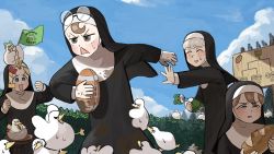 Rule 34 | &gt; &lt;, 4girls, :d, ^ ^, animal, animal on head, ball, bird, bird on head, blonde hair, blue eyes, bread, brown eyes, brown hair, bush, cheering, chicken, clenched hands, closed eyes, cloud, clumsy nun (diva), commentary, damaged, dirty, dirty clothes, dirty hands, diva (hyxpk), doll, duck, english commentary, eyewear on head, flag, food, freckles, frog, frog hat, froggy nun (diva), glasses, glasses nun (diva), grey hair, habit, hedge, highres, holding, holding ball, holding doll, little nuns (diva), mud, multiple girls, nun, on head, open hand, open mouth, outdoors, pigeon, red card, rugby ball, running, sheep nun (diva), sky, smile, squinting, stool, sweatdrop, tackle, tournament bracket, traditional nun, triangle mouth, unworn eyewear, watching, waving flag, whistle, whistle around neck, yellow card
