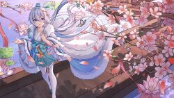 Rule 34 | 1girl, :o, absurdres, blue eyes, branch, bug, butterfly, cherry blossoms, chinese clothes, chinese commentary, commentary request, flower, from above, hair between eyes, hair ornament, highres, hinata mr assassin, holding, honkai (series), honkai impact 3rd, insect, lily pad, long hair, long sleeves, looking at viewer, lotus, open mouth, outdoors, petals, pink flower, skirt, smile, solo, theresa apocalypse, zhuge kongming (honkai impact), thighhighs, water, white hair, white thighhighs, wide sleeves, zhuge kongming (honkai impact)