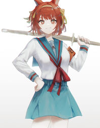 Rule 34 | 1girl, aiv, animal ears, arknights, armband, blue sailor collar, blue skirt, closed mouth, cosplay, cowboy shot, flametail (arknights), gradient background, hand on own hip, highres, hirano aya, kita high school uniform, long sleeves, looking at viewer, neckerchief, over shoulder, red armband, red eyes, red hair, red neckerchief, sailor collar, school uniform, serafuku, shinai, shirt, short hair, skirt, smile, solo, squirrel ears, squirrel girl, standing, suzumiya haruhi, suzumiya haruhi (cosplay), suzumiya haruhi no yuuutsu, sword, sword over shoulder, voice actor connection, weapon, weapon over shoulder, white background, white shirt, winter uniform, wooden sword
