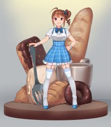 Rule 34 | 10s, 1girl, :d, ahoge, blue bow, blue bowtie, blue footwear, blue skirt, bow, bowtie, bread, breasts, brown hair, coffee cup, collared shirt, croissant, cup, disposable cup, doughnut, drill hair, food, fork, frilled skirt, frills, full body, garter straps, gradient background, grin, hair ornament, hair scrunchie, hand on own hip, idolmaster, idolmaster million live!, kamille (vcx68), kobeya, kobeya uniform, legs apart, long hair, looking at viewer, medium breasts, mini person, minigirl, nail polish, open mouth, oversized object, pastry, plaid, plaid skirt, purple eyes, scrunchie, shirt, shoes, short sleeves, side ponytail, sidelocks, skirt, smile, solo, standing, suspender skirt, suspenders, teeth, thighhighs, two-tone background, uniform, white shirt, white thighhighs, wing collar, wrist cuffs, yokoyama nao
