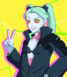 Rule 34 | 1girl, blue jacket, colored skin, cyberpunk (series), cyberpunk edgerunners, ememtrp, green hair, grey skin, hairband, highres, jacket, oversized clothes, petite, rebecca (cyberpunk), red eyes, simple background, smile, twintails, v, yellow background