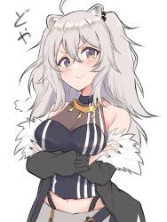 Rule 34 | 1girl, puff of air, ahoge, animal ears, bare shoulders, blush, breasts, cleavage, earrings, fur-trimmed jacket, fur trim, grey eyes, grey hair, hair between eyes, highres, hololive, jacket, jewelry, kaito (kaito921125), large breasts, lion ears, lion girl, long hair, looking at viewer, nail polish, necklace, see-through, see-through cleavage, shirt, shishiro botan, shishiro botan (1st costume), sleeveless, sleeveless shirt, smug, solo, virtual youtuber