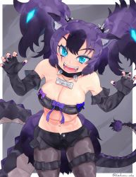 Rule 34 | 1girl, animal ear fluff, animal ears, aqua eyes, bare shoulders, big hair, bone necklace, border, bow, breasts, buttons, cerberus (kemono friends), claw pose, cleavage, collar, cowboy shot, cutoffs, dog ears, elbow gloves, fangs, fingerless gloves, fingernails, gloves, glowing, glowing hair, hair between eyes, hands up, highres, kedama (ughugjydthjdf), kemono friends, leaning forward, leaning to the side, pantyhose under shorts, lizard tail, looking at viewer, multicolored hair, nail polish, navel, open mouth, pantyhose, purple hair, purple nails, scar, scar across eye, scar on face, short shorts, shorts, smile, solo, spiked collar, spikes, stomach, strapless, tail, thigh strap, tube top, twitter username, two-tone hair, two side up, unbuttoned