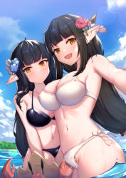 Rule 34 | 2girls, armpits, bare arms, bare shoulders, bikini, black bikini, black hair, blue flower, blue sky, breasts, brown eyes, cleavage, cloud, collarbone, commentary, crab, day, ear piercing, earrings, flower, groin, hair flower, hair ornament, highres, hinoa, jewelry, large breasts, long hair, minoto, monster hunter (series), monster hunter rise, multiple girls, navel, outdoors, piercing, pointy ears, reaching, reaching towards viewer, red flower, red rose, rose, selfie, siblings, sisters, sky, swimsuit, symbol-only commentary, twins, uneg, very long hair, water, white bikini