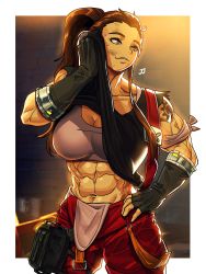 Rule 34 | 1girl, abs, animification, arm tattoo, breasts, brigitte (overwatch), brown hair, gloves, highres, large breasts, long hair, looking to the side, muscular, muscular female, overwatch, ponytail, pouch, solo, sparkeyjinjin, suspenders, sweat, tattoo