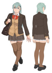 1girl aqua_eyes aqua_hair bag black_footwear blush bow bowtie breasts brown_bag brown_cardigan brown_jacket brown_skirt brown_thighhighs cardigan frilled_skirt frills hair_ornament hairclip highres holding holding_bag jacket kantai_collection long_hair long_sleeves looking_at_viewer medium_breasts multiple_views ojipon open_cardigan open_clothes orange_bow orange_bowtie pleated_skirt school_bag school_uniform shoulder_bag skirt smile suzuya_(kancolle) suzuya_kai_ni_(kancolle) thighhighs white_background