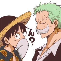 Rule 34 | 2boys, ale focus, beard, black eyes, black hair, black suit, chi-ron, earrings, facial hair, facial scar, fake facial hair, fake mustache, floral print, formal, full beard, green hair, hat, jewelry, male focus, monkey d. luffy, multiple boys, mustache, one eye closed, one piece, open clothes, roronoa zoro, scar, scar across eye, scar on cheek, scar on face, short hair, sideburns, simple background, single earring, straw hat, suit, sunflower print, sweatdrop, thick mustache, upper body, white background