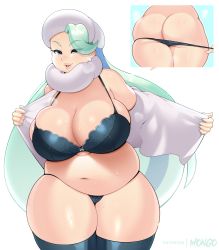 Rule 34 | 1girl, absurdres, ass, belly, blue eyes, bra, breasts, butt crack, chromapan, cleavage, creatures (company), earrings, game freak, gym leader, hat, highres, huge ass, huge breasts, jewelry, long hair, mature female, melony (pokemon), multiple views, nail polish, navel, nintendo, open mouth, plump, pokemon, pokemon swsh, simple background, smile, sweat, thick thighs, thighhighs, thighs, underwear, undressing, white background, white hair