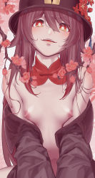 Rule 34 | 1girl, absurdres, alternate costume, black hat, black jacket, blush, branch, breasts, brown hair, chinese commentary, detached collar, fangs, flower, flower-shaped pupils, genshin impact, gradient hair, hair between eyes, hair flaps, hat, hat flower, highres, hu tao (genshin impact), jacket, long hair, looking at viewer, manzai sugar, multicolored hair, navel, nipples, off shoulder, open clothes, open jacket, open mouth, plum blossoms, porkpie hat, red eyes, red hair, simple background, small breasts, smile, solo, symbol-shaped pupils, teeth, two-tone hair, upper body, upper teeth only, white background