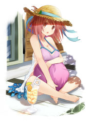 Rule 34 | 1girl, bare shoulders, barefoot, bikini, bikini top only, breasts, brown eyes, brown hair, cleavage, drink, efe, hat, hataraku maou-sama!, large breasts, hugging object, open mouth, pillow, pillow hug, sasaki chiho, see-through, short hair, sitting, solo, sun hat, swimsuit